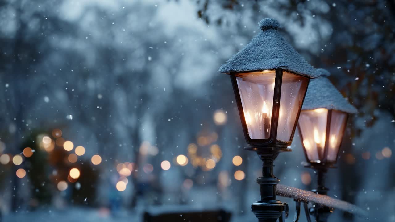 A Tranquil Winter Evening: Snow-Covered Lanterns Illuminating a Serene Atmosphere, Creating a Magical Scene with Gentle Flurries and Soft Bokeh Lights in the Background, Evoking Serenity and Warmth
