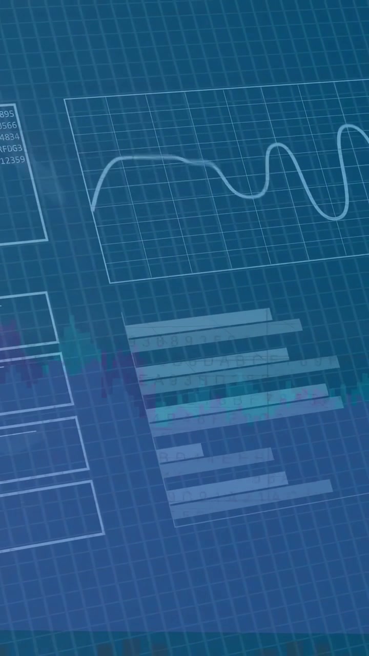 Vertical video: HUD forming after data window appearing, panels sliding, lines rising for analytics
