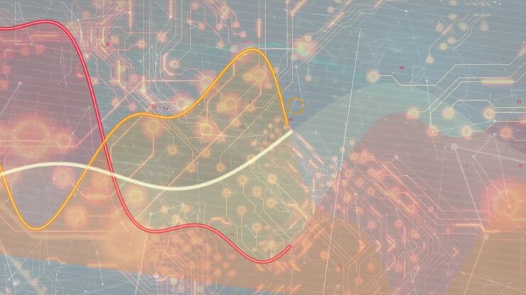 3 waveform lines entering from left, sweeping across pastel bands, pulsing nodes to show data flow