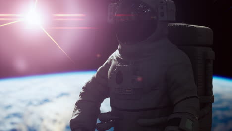 Space-man-astronaut-in-space-on-a-background-of-the-blue-planet-Earth