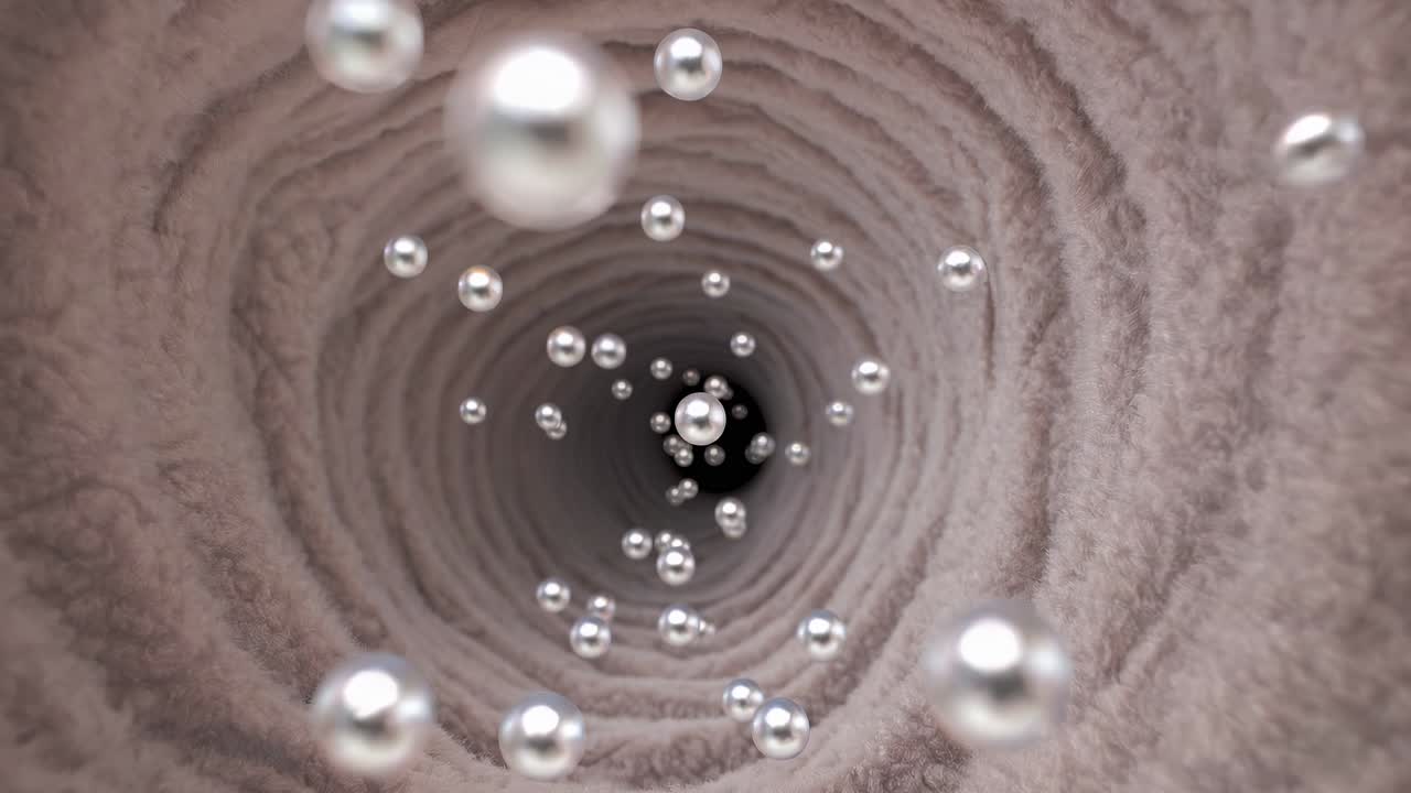Vista astratta di tunnel di perle fluttuanti