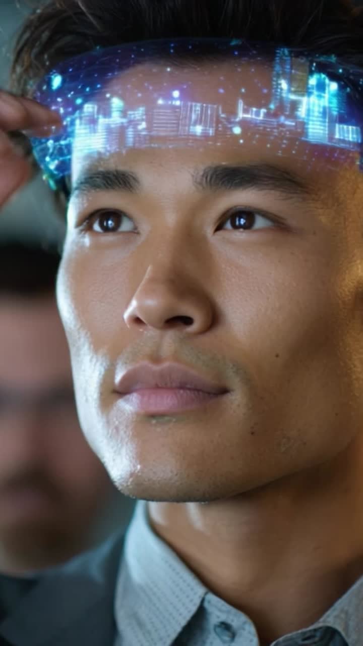 A focused individual examines futuristic technology projected above his head, showcasing an advanced cityscape and digital information in a vivid display