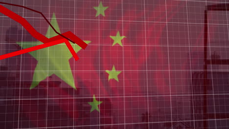 animation of flag of china and financial data processing over city
