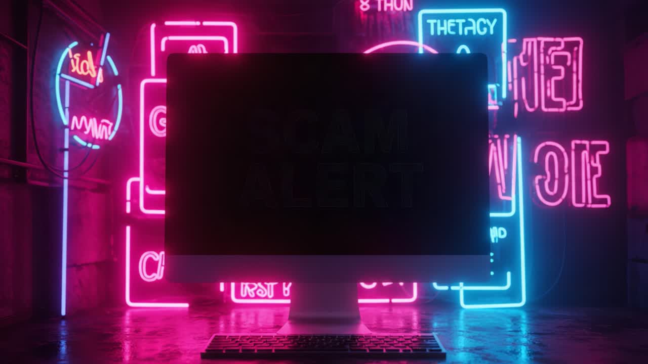 A Powerful Visual Warning Against Fraud: A Computer Displaying 'SCAM ALERT' Surrounded by Vibrant Neon Lights, Highlighting the Importance of Vigilance in the Digital Age.