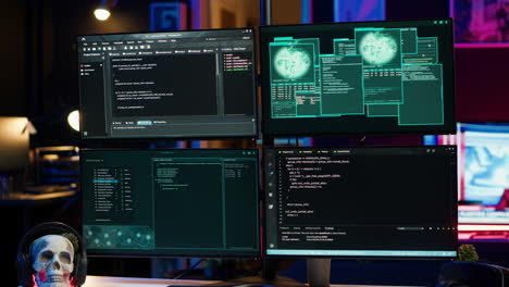 programming scripts shown on pc displays in empty hideout used by cybercriminals