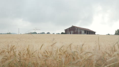 un campo de heno frente a una vieja casa de granja oxidada en el sur de francia