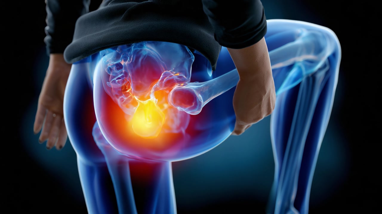 Anatomical Visualization of Hip Pain: A Detailed 3D Representation Highlighting Inflammation and Discomfort in the Hip Joint Area