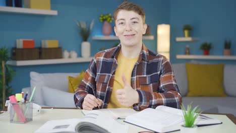 Smiling-student-doing-homework-makes-positive-gesture-to-camera.