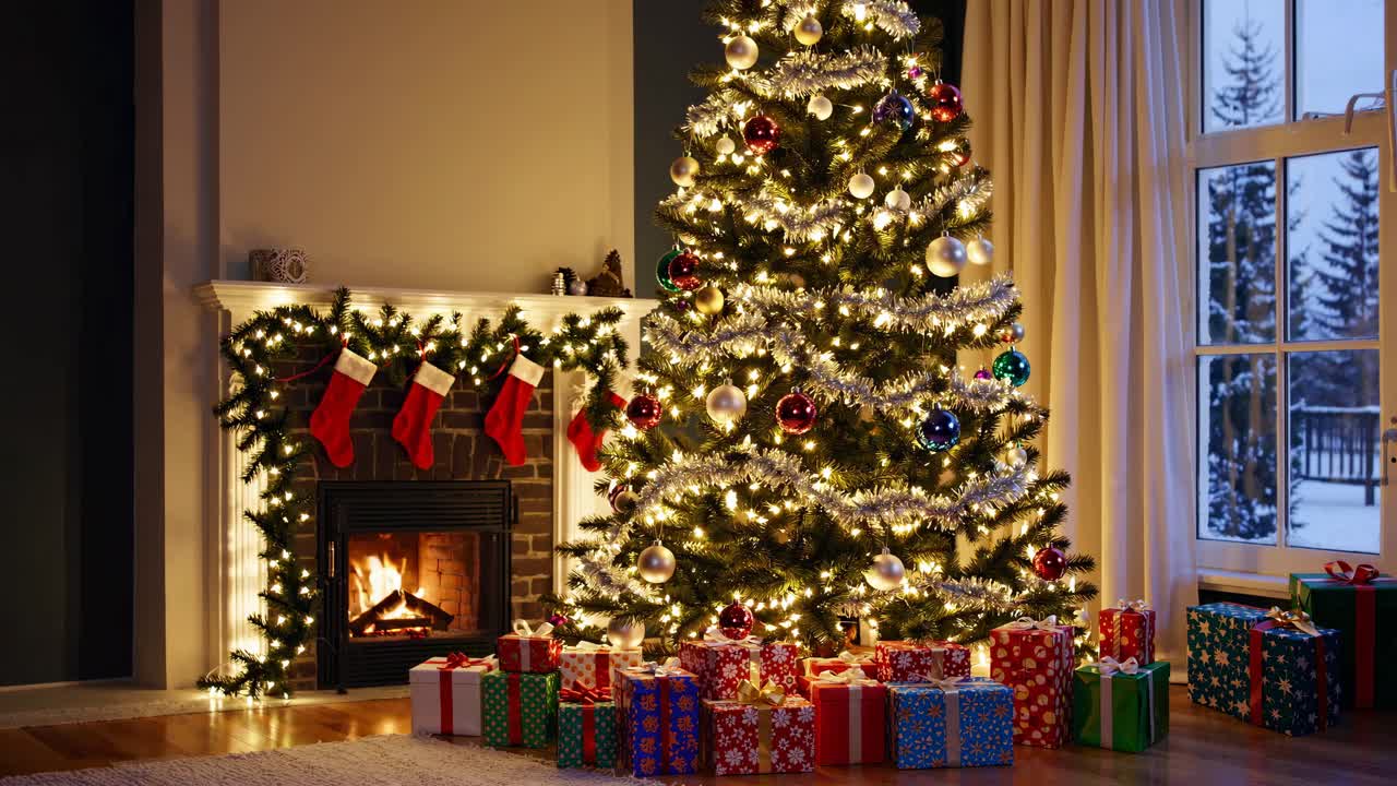 Cozy Christmas scene with a decorated tree and fireplace, captured from a low angle