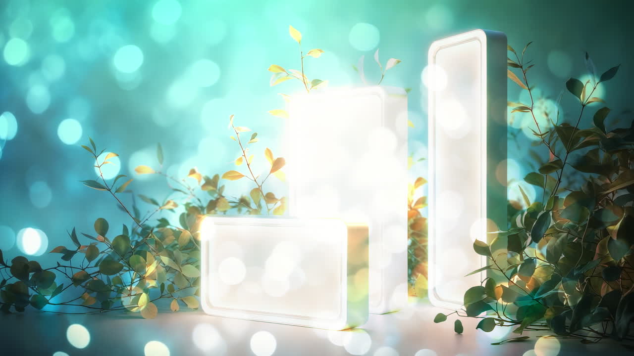 Ethereal Glowing Rectangles Amidst Lush Foliage and Blue Bokeh Lights