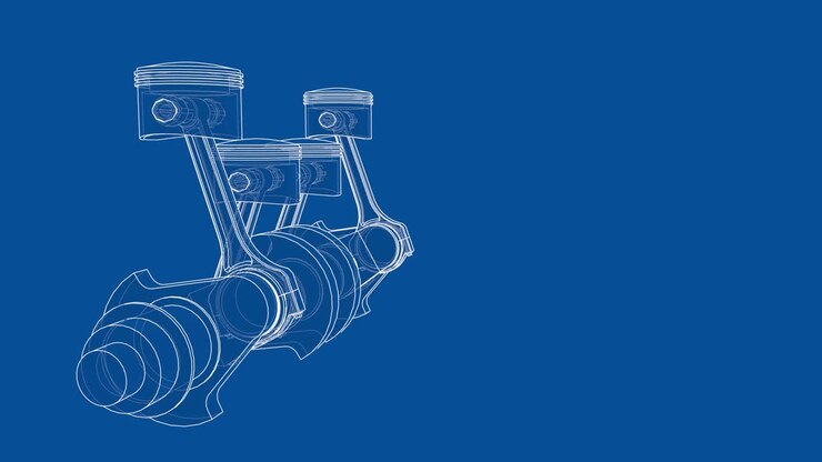 Animation of crankshaft and four pistons. Wire-frame or blueprint style