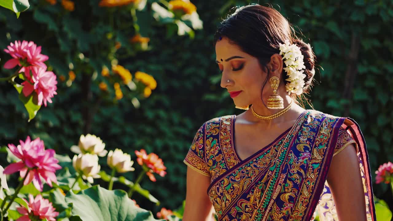 Una donna in abiti tradizionali si trova in un giardino, circondata da fiori