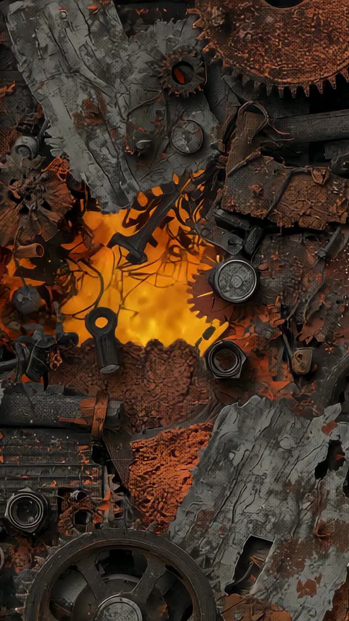 Vertical video: Small flame flickering growing blaze across scrapyard ground, with gears and cogs