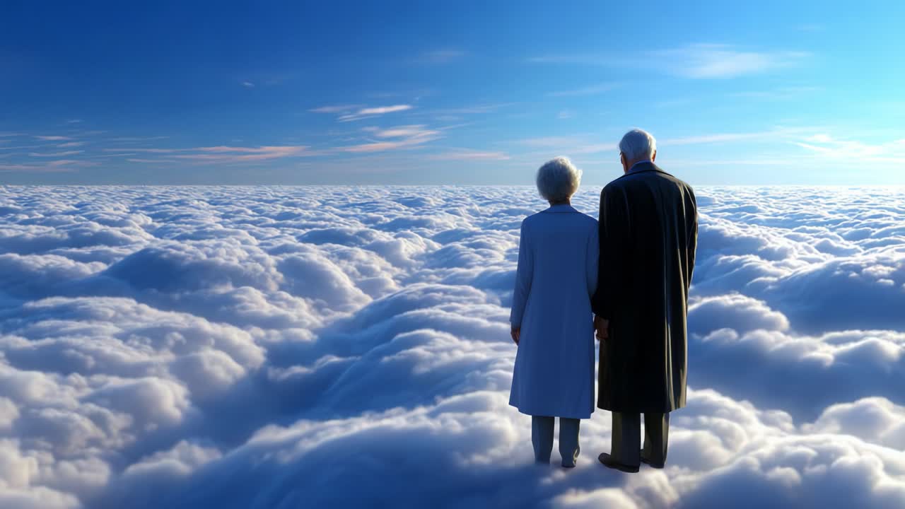A Serene Journey Through the Clouds: An Elderly Couple Embracing the Beauty of Life and Togetherness Above the Soft Pillows of White Clouds Beneath a Vast Blue Sky, Reflecting on Memories and Dreams