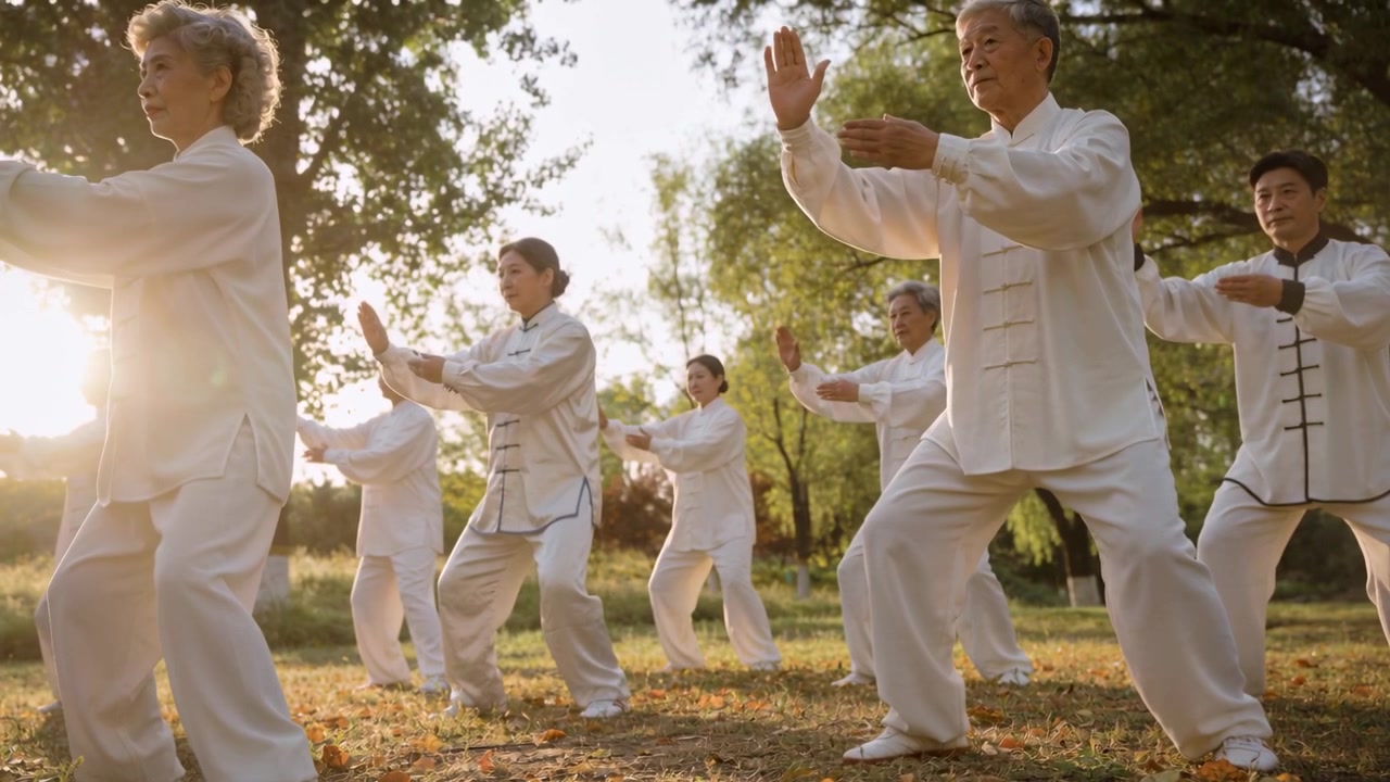 Un gruppo di Tai Chi segue il leader, praticando forme lente e sincronizzate in un parco, tutti in uniforme bianca.