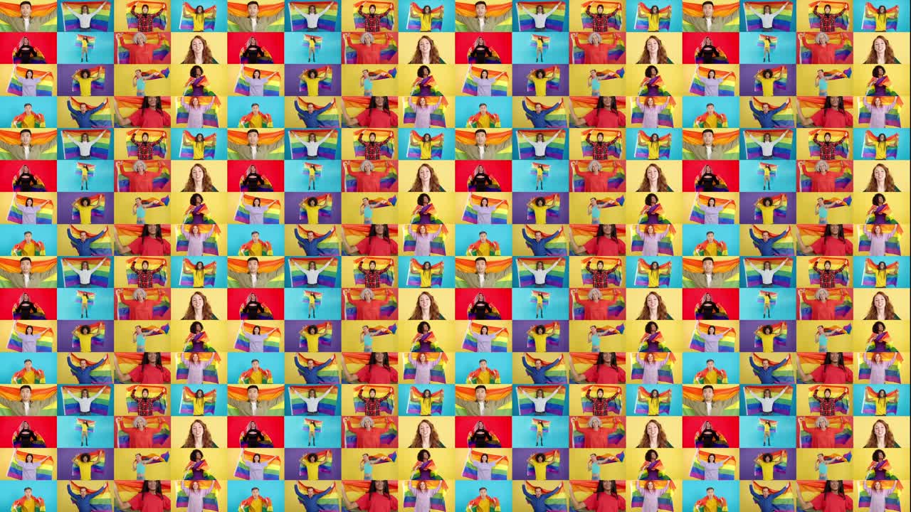 Pride mosaic with people holding rainbow flags