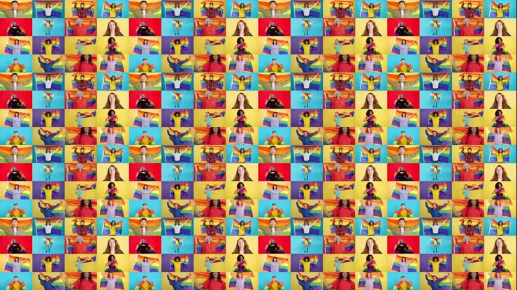 Mosaico Pride con persone che tengono bandiere arcobaleno