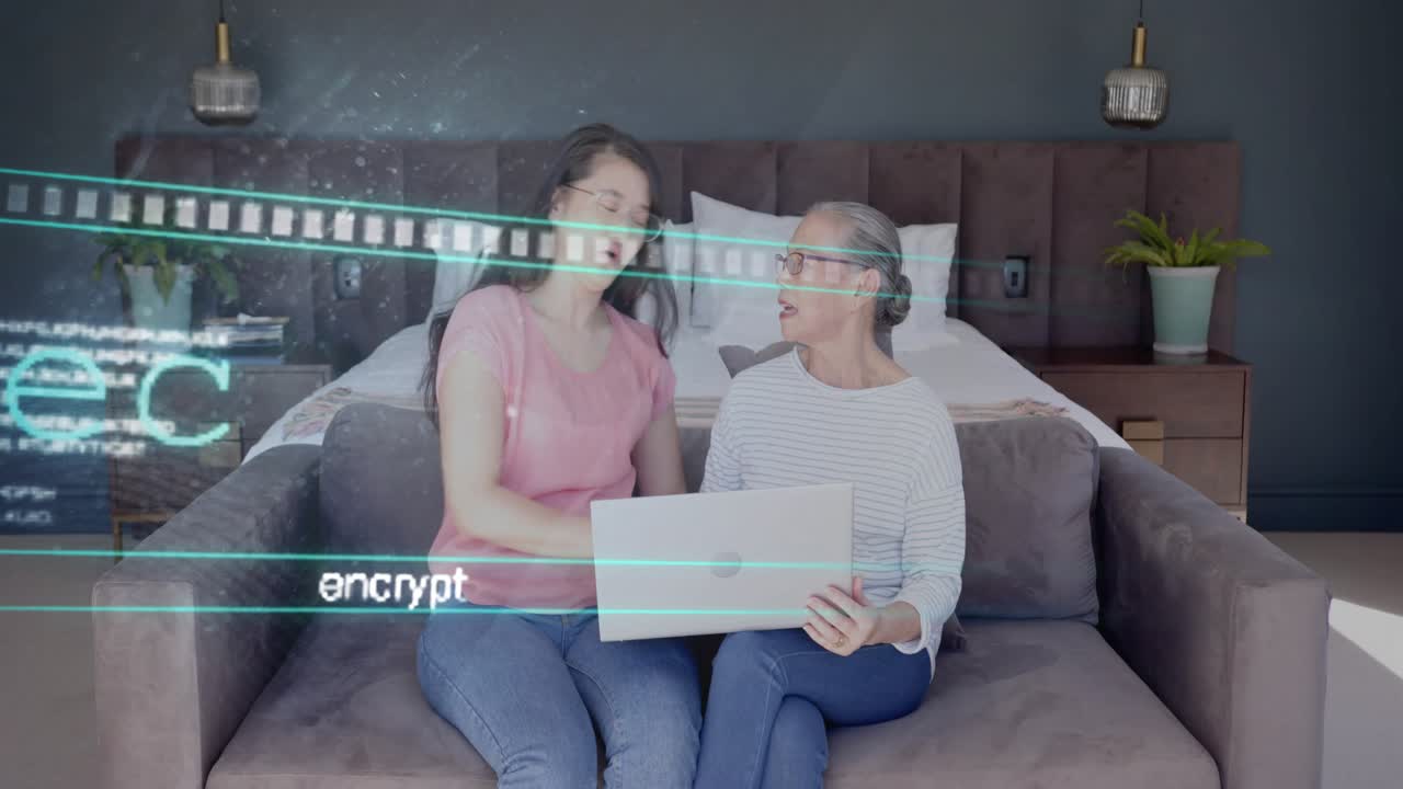 Daughter tapping laptop, initiating encrypted transfer, red bar confirming success, mother watching