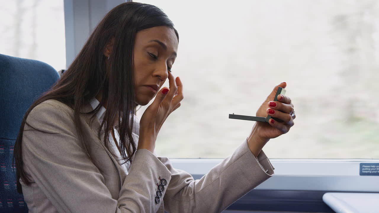 Businesswoman Sitting In Train Commuting To Work Putting On Make Up Using Mirror