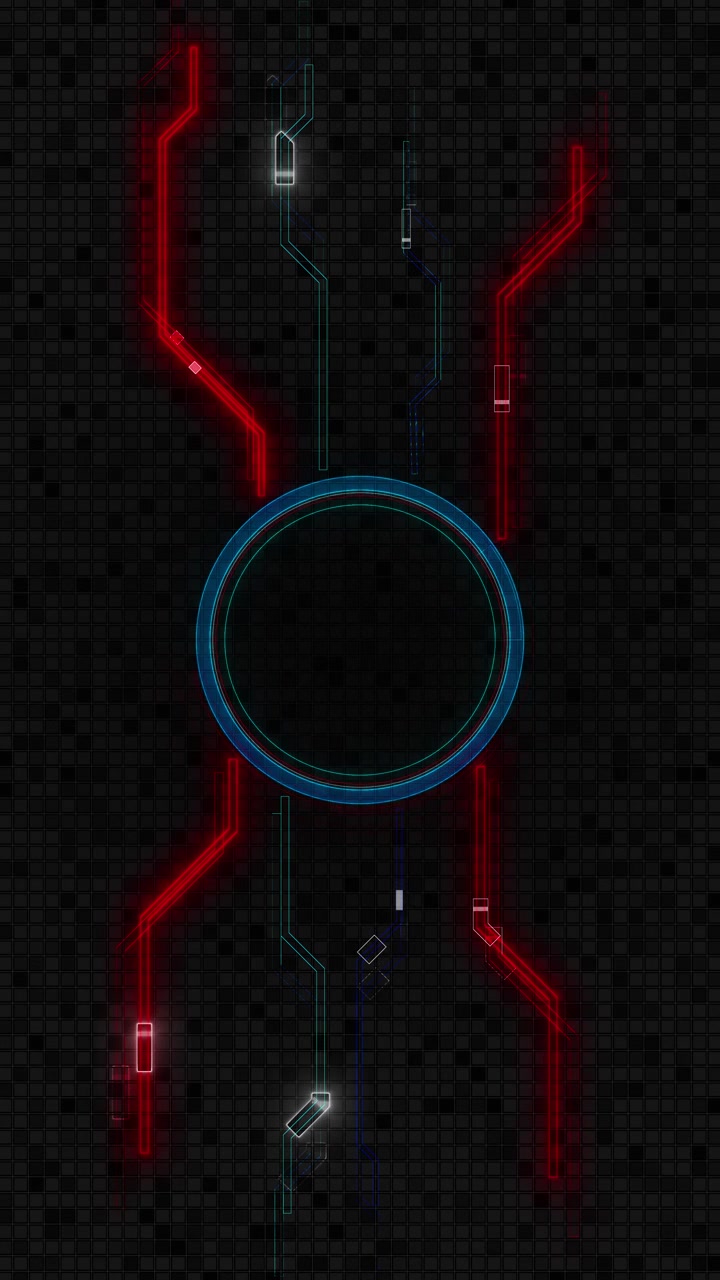 Dark circuit ring interface background with blue circular target red electronic paths grid texture