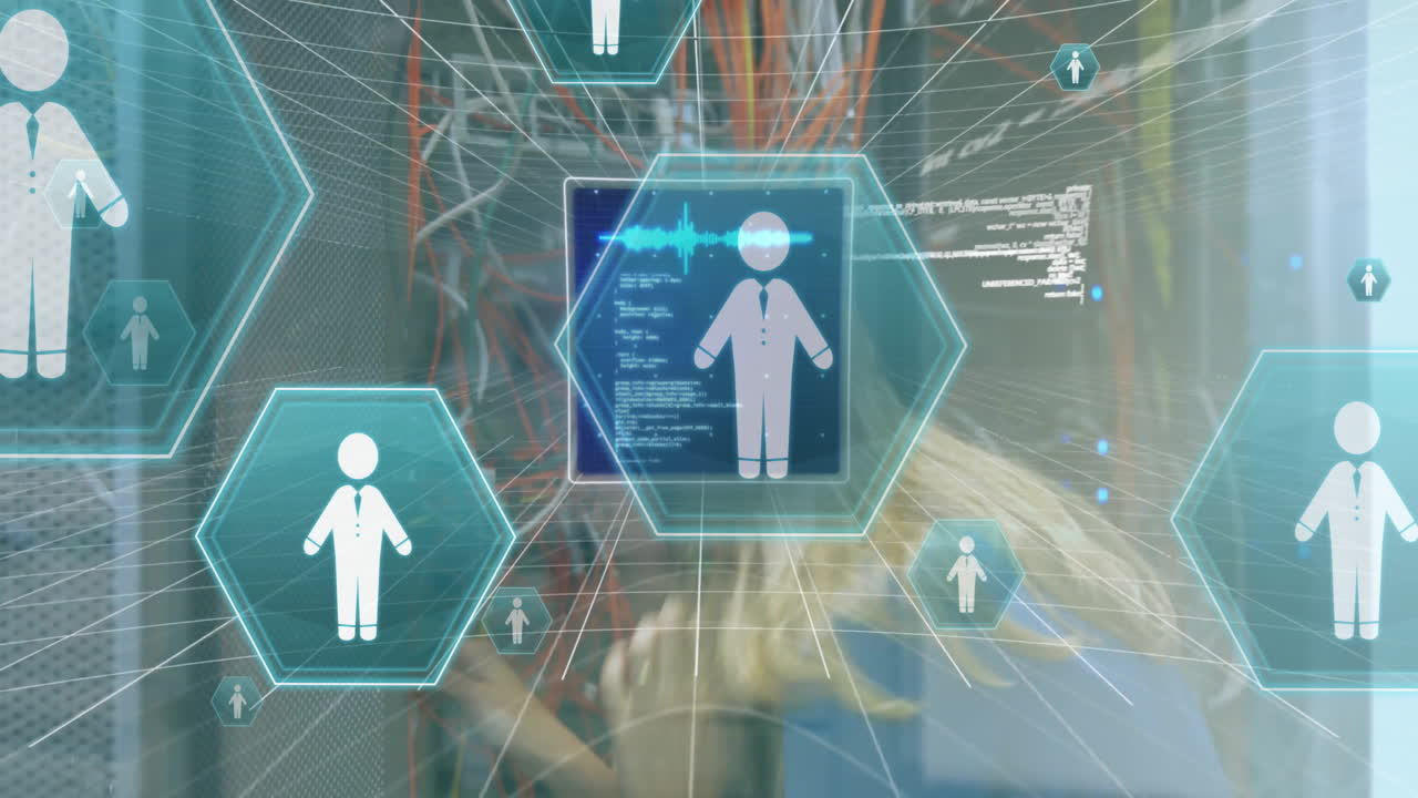 Animation of data processing and icons over caucasian businesswoman in server room