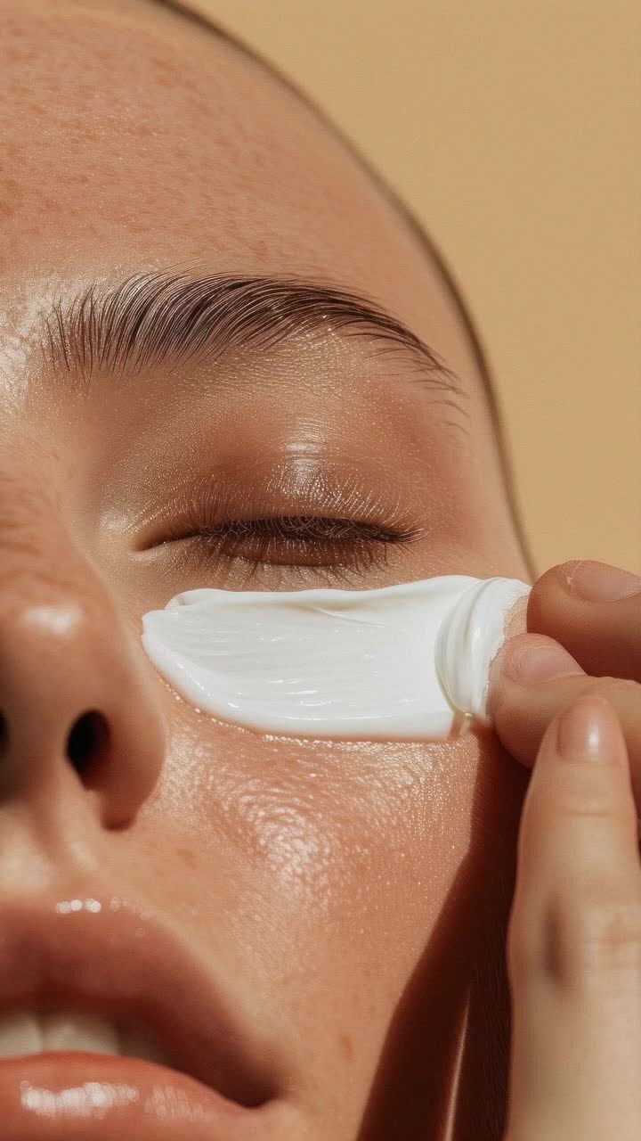 Close-up angle captures a serene skincare routine, highlighting smooth application of cream