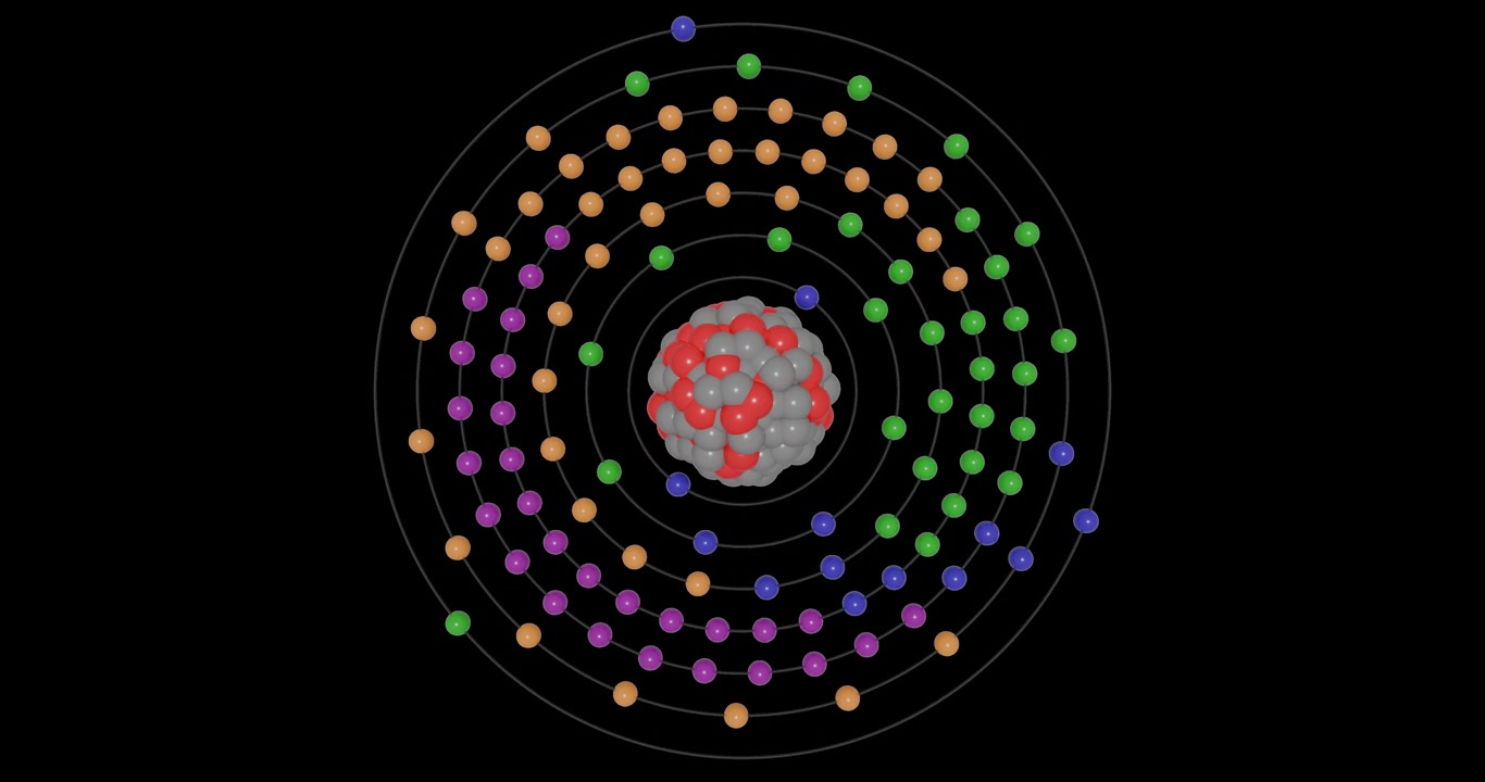 Animasi 3D atom Nihonium dengan latar belakang transparan yang menunjukkan kulit, subkulit, orbit elektron, dan inti atom dengan proton dan neutron, menggambarkan struktur atom dan tingkat energi