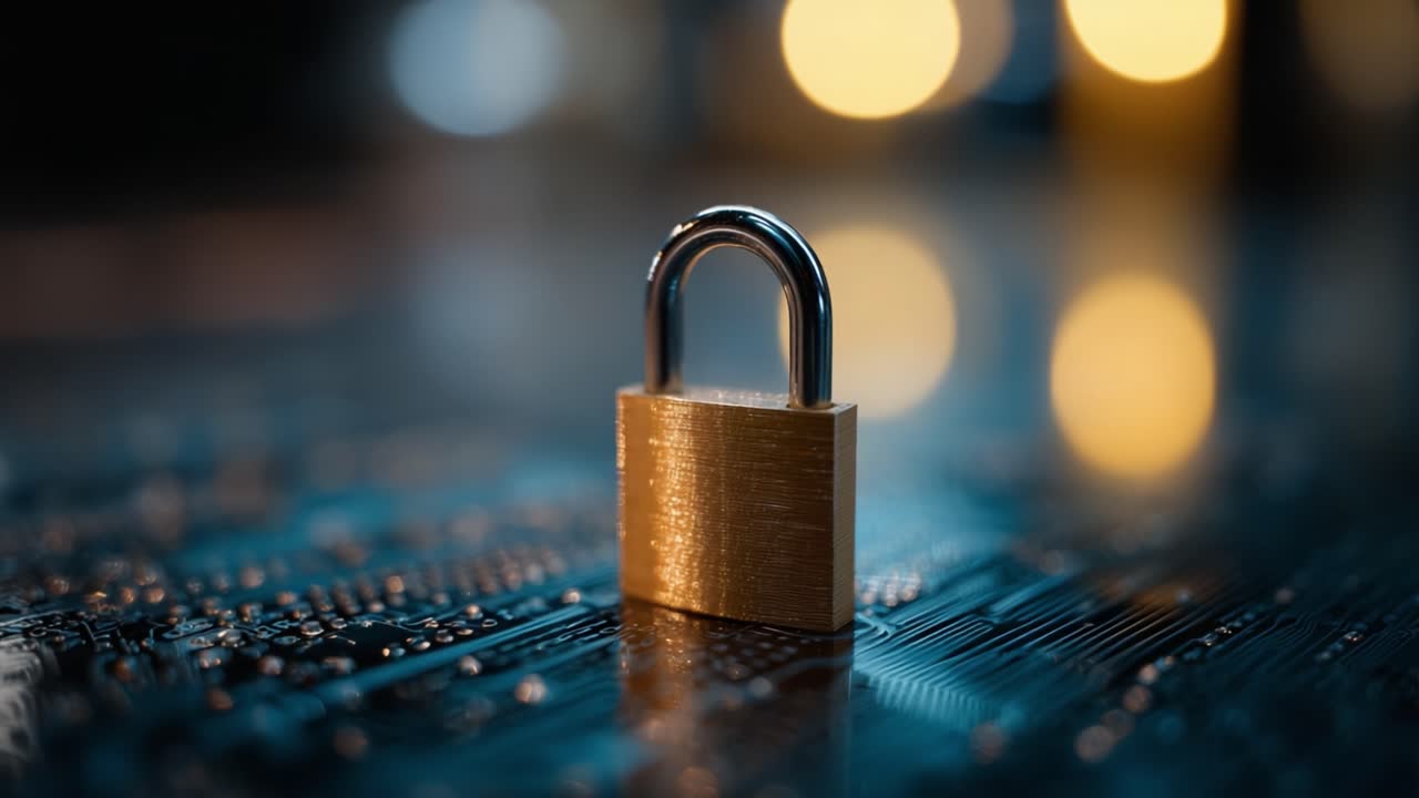 A Close-Up View of a Secure Padlock on a Circuit Board: Symbolizing Data Security and Protection in a Digital World