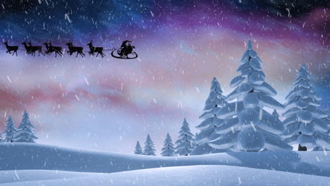 Animation-of-snow-falling-on-santa-claus-in-sleigh-being-pulled-by-reindeers-over-winter-landscape