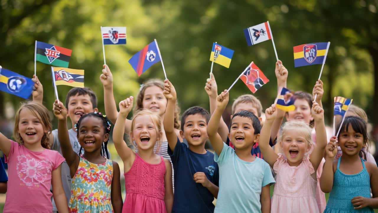 Joyful Children Celebrating Unity with Flags in a Sunlit Park, Showcasing Diversity and Friendship Among Various Cultures and Backgrounds