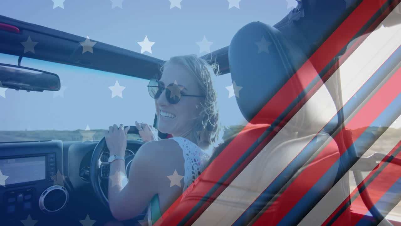 해변에서 차를 운전하는 백인 여성 위에 미국 발의 애니메이션