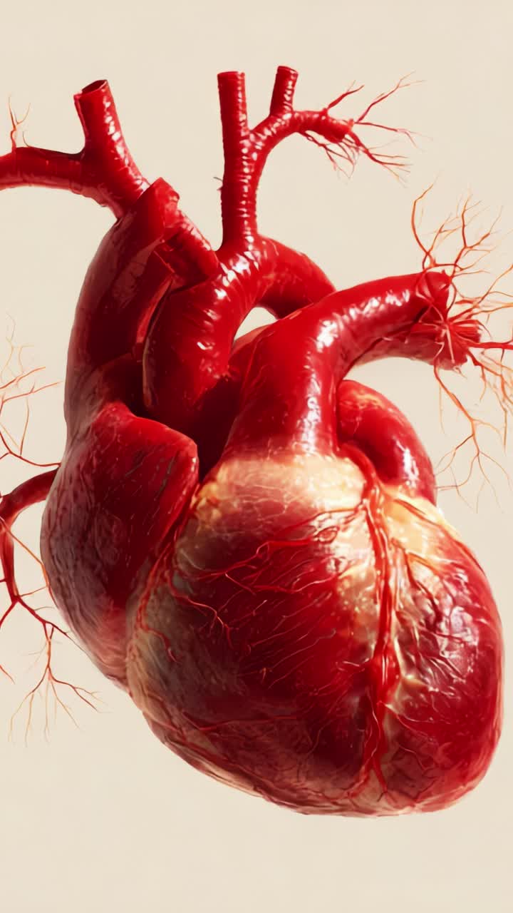 Rendering in 3D dettagliato di un cuore umano che mostra strutture vascolari complesse e texture realistiche, ideale per la formazione medica e gli studi anatomici