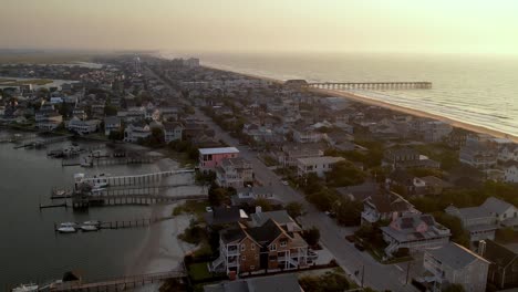 Haze-aerial-at-sunrise-in-wrightsville-beach-nc,-north-carolina