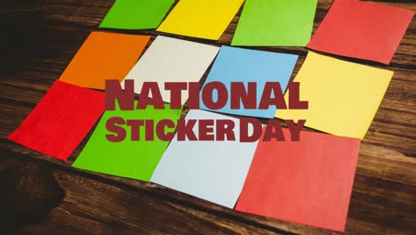 animation of national sticker day in red letters over multi coloured memo notes