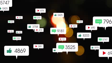 animation of social media icons and numbers over out of focus traffic lights
