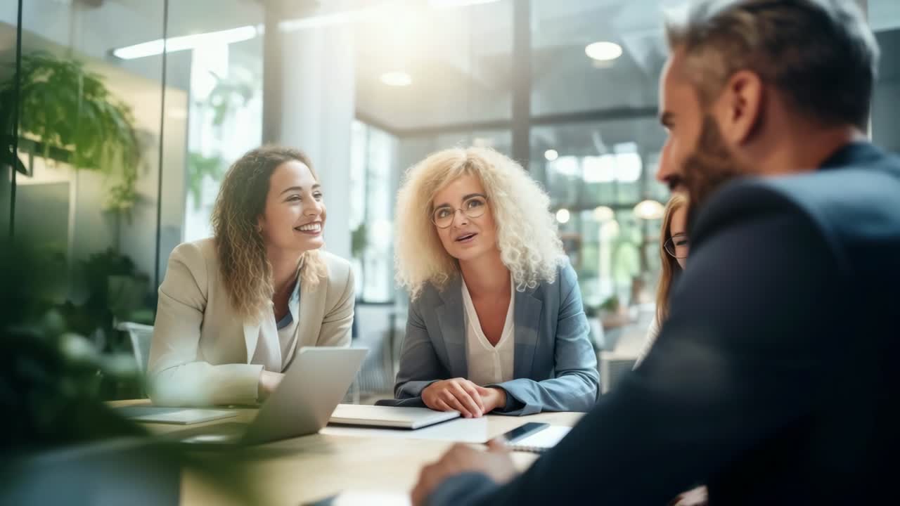 Casual office meeting video with a diverse team, captured from a low angle