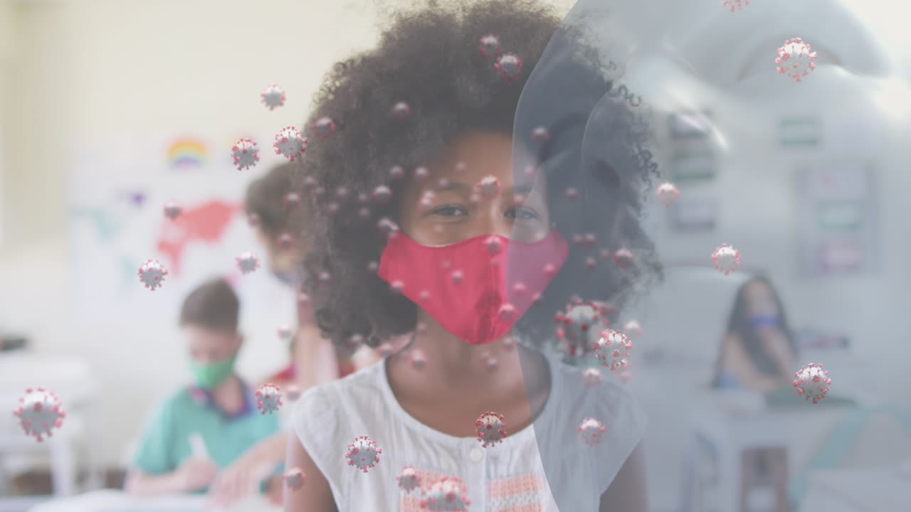 animación de células flotantes de covid-19 y una escolar en clase con máscara facial