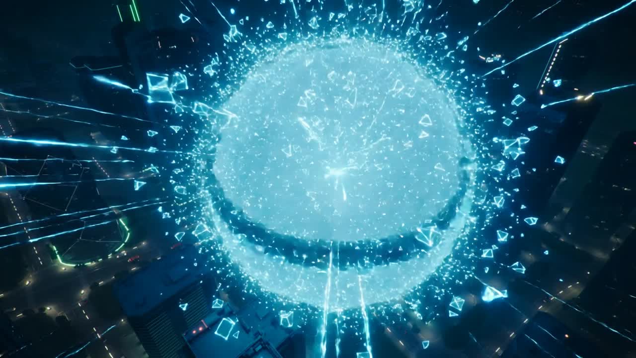 Surging hologram dome above city rooftop ring breaking into shards and beams after internal surge