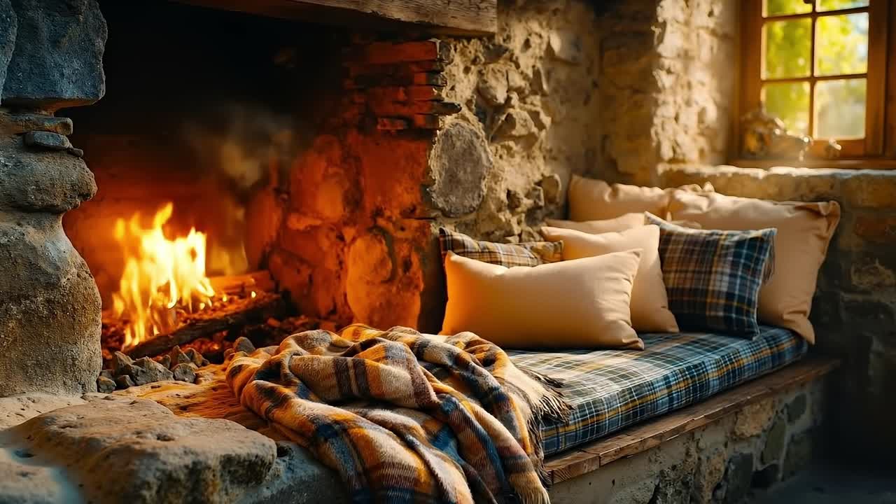 A cozy couch sitting in front of a fireplace with pillows and blankets