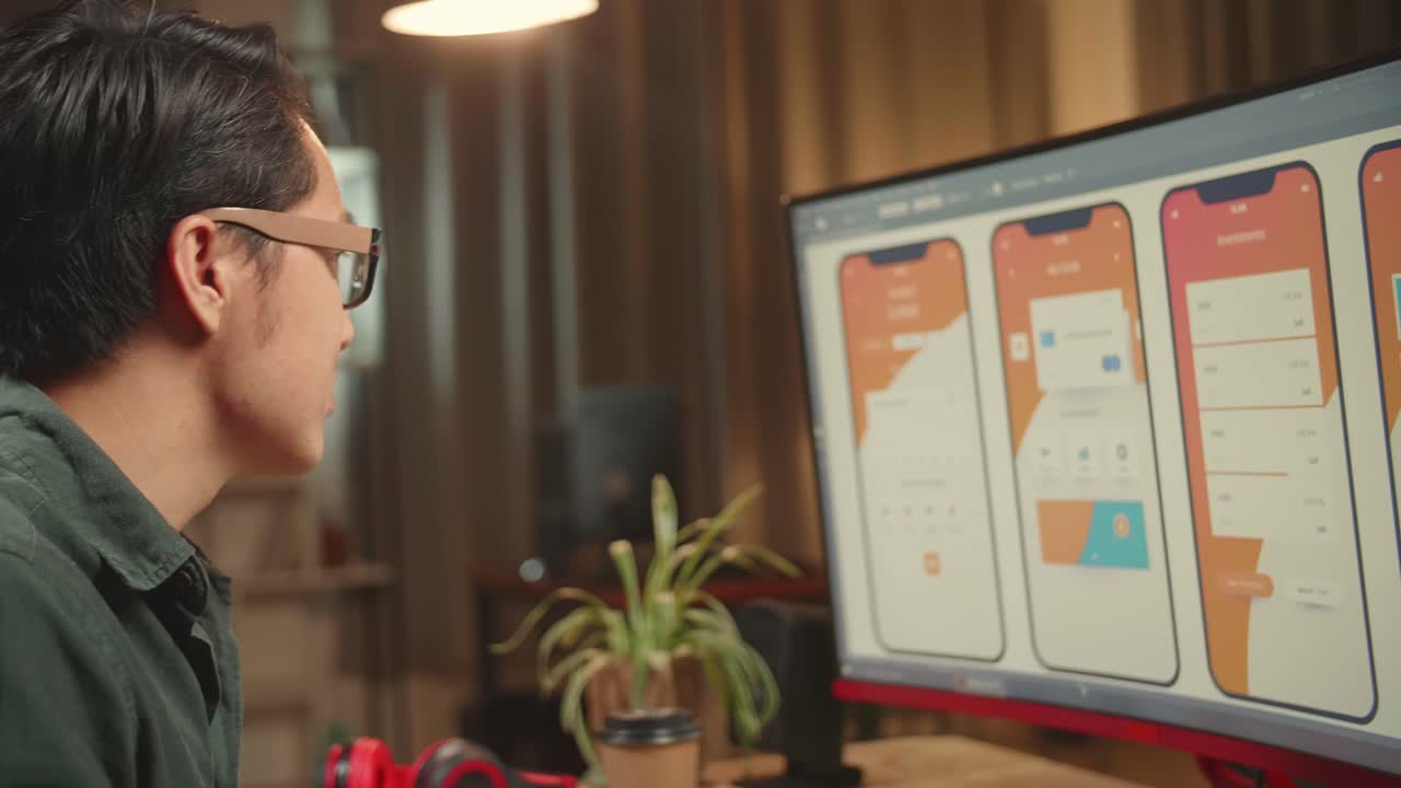 Asian Male Mobile Application Developer Works With Graphics On His Personal Computer. He Turns And Warmly Smiles Into The Camera