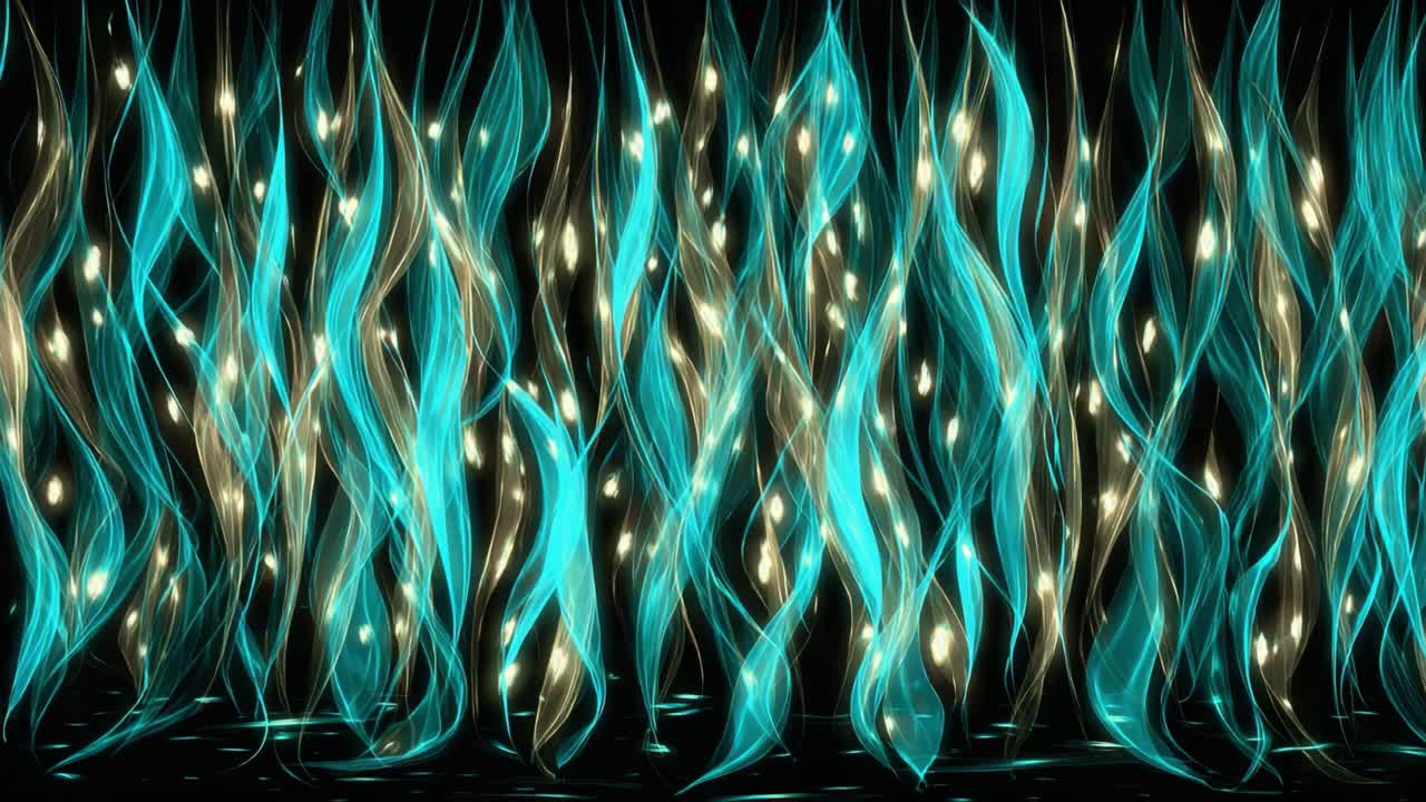 Abstract background featuring glowing turquoise and gold ethereal lines and particles elegantly waving and flowing against a dark backdrop, creating a mesmerizing and sophisticated visual effect