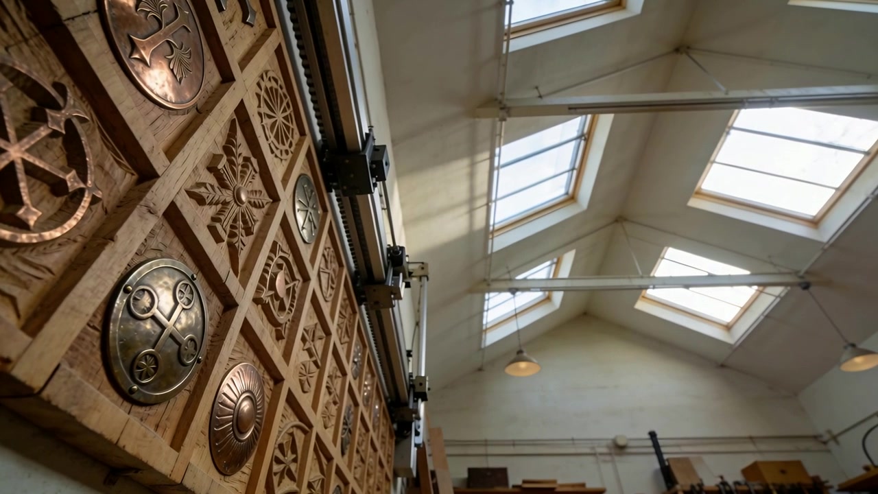 Tilting camera revealing wooden panel in workshop, showing metal roundels and skylights, copy space