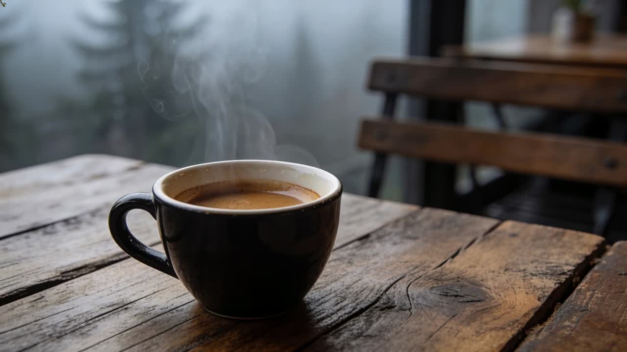 Tazza in ceramica nera fumante dopo la mescita, posata su un tavolo da portico usurato, con alberi nebbiosi visibili.