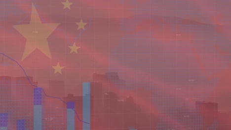 Animation-of-flag-of-china-and-financial-data-processing-over-cityscape