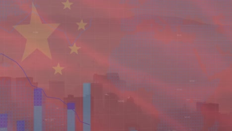 animación de la bandera de china y procesamiento de datos financieros sobre el paisaje urbano