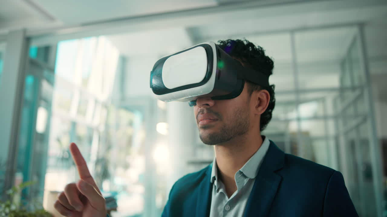 Man in VR Headset Interacting with Virtual Reality in Modern Office