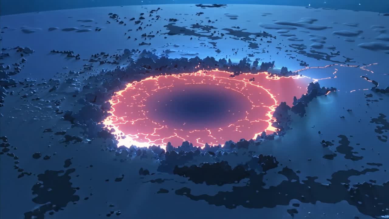Molten pool pulsing veins casting blue light while orbiting camera revealing glow trail for design