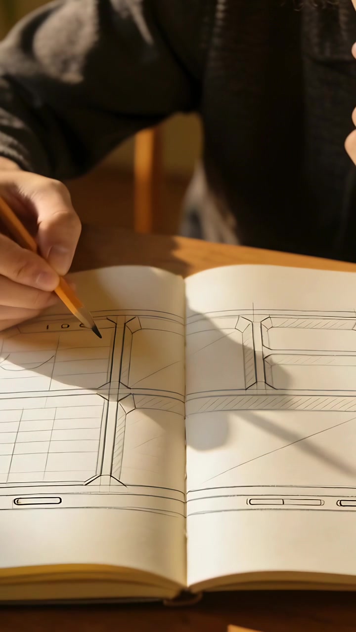 Vertical video: Yellow pencil touching page man in dark sweater refining sketchbook layout at table
