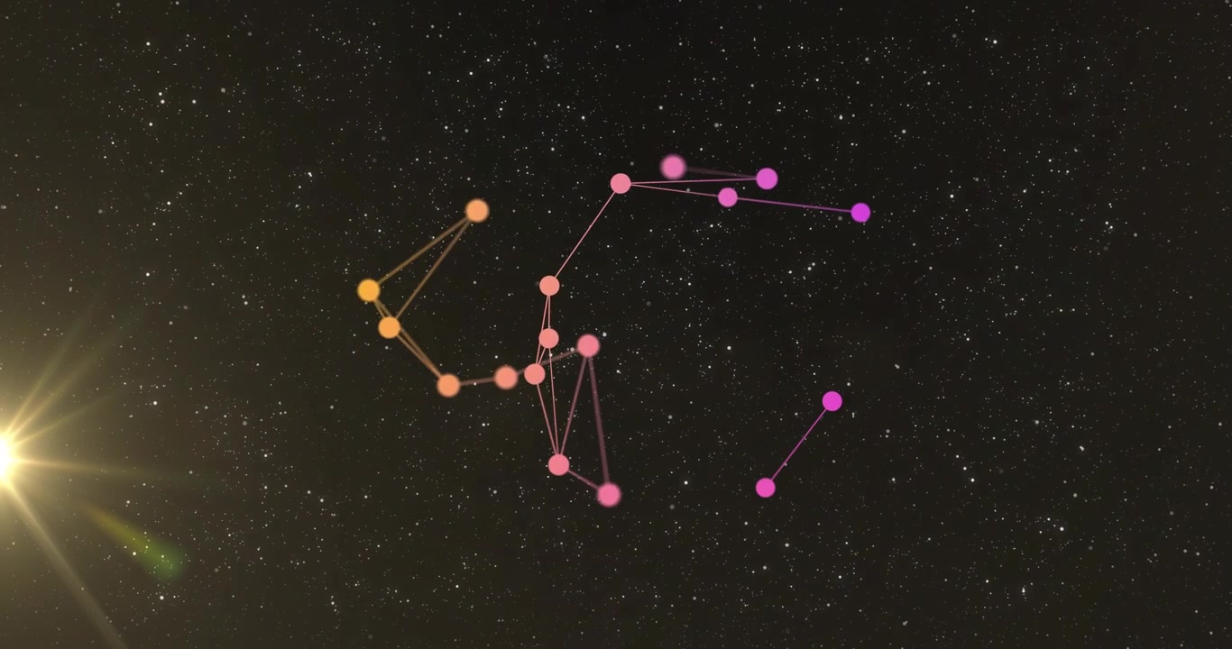 Fargede markører dukker opp til høyre, starter linjer, lysner og konvergerer til en kompakt rosa klynge.