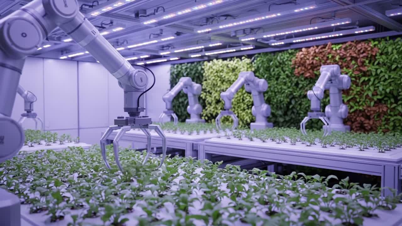 Serra automatizzata futuristica con bracci robotici che si prendono cura di piante verdi e rigogliose in un ambiente controllato per un'innovazione agricola sostenibile